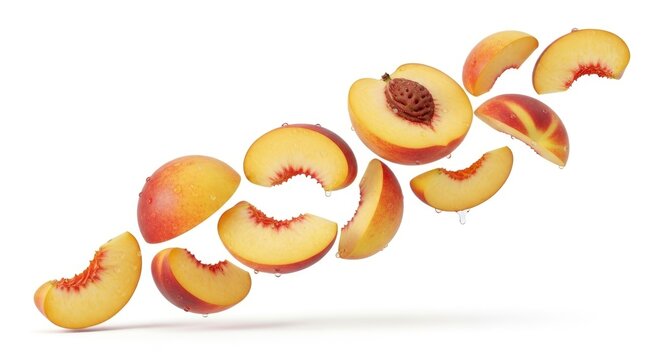 Fresh peach slices and halves with water drops falling against a white background. Vibrant, juicy fruit for healthy eating.
