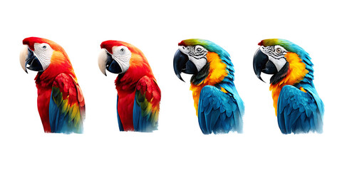Four colorful macaws side profile isolated on a transparent background parrot birds
