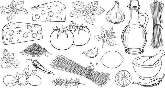 Italian cuisine ingredients illustration set, cheese, tomatoes, basil, garlic, olive oil, pasta, herbs and spices theme - flat vector illustration