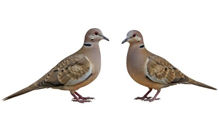 Obraz premium Two elegant brown doves with red eyes and distinctive neck bands, isolated on a clean white background, facing each other.