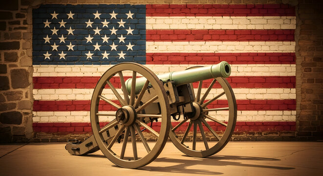 American civil war era cannon in front of united states flag