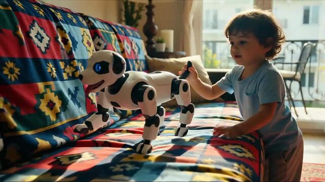 A child playing with an interactive robotic dog toy on a colorful patterned sofa in a sunny living room