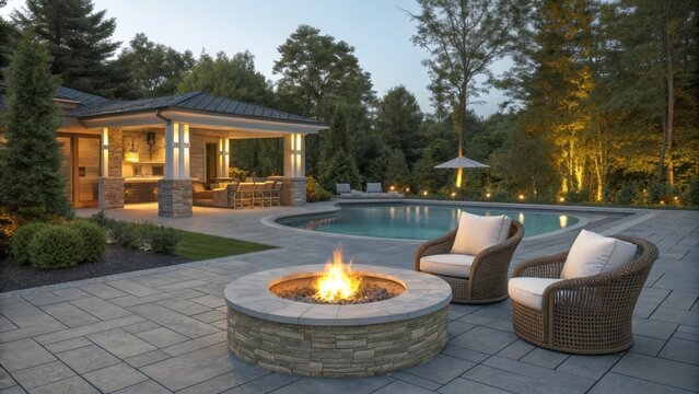 Evening backyard scene with fire pit. Cozy outdoor setting, patio furniture around fire. Warm lighting creates relaxing ambience