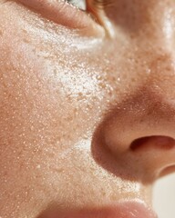 Fototapeta premium Woman face closeup with sweat and visible pores on skin. Detail of human skin with moisture drops. Skin care and beauty concept.