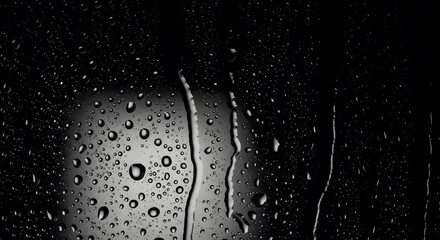 Fototapeta premium Drops of water on a window creating intricate patterns against a dark background