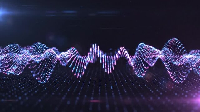 Abstract digital sound wave visualization with glowing particles moving.