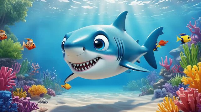 Smiling Cartoon Shark Swims Past Colorful Coral Reef Underwater