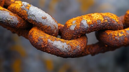 Closeup corroded chain link saturated with orange oxidation and flaky crust, dramatic contrast, shallow focus, saltweathered texture, industrial dock atmosphere suggesting marine service and heavy