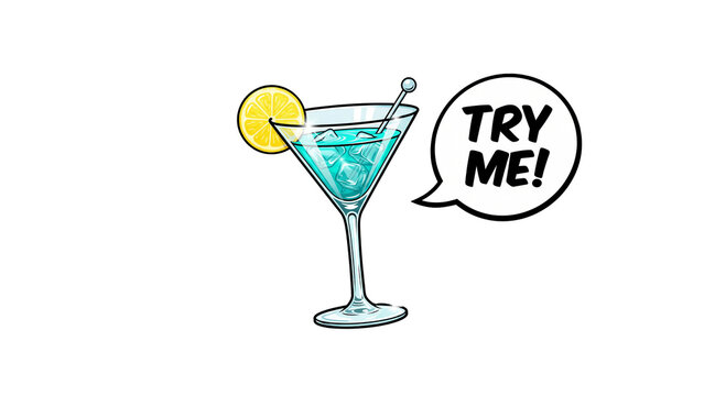 Pop Art Cocktail Glass with Lemon Slice and Try Me Speech Bubble, Bar Promotion and New Summer Drink Advertising Concept, PNG Transparent Background