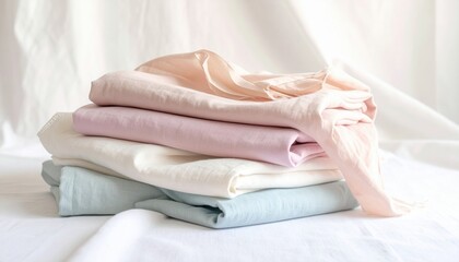 Obraz premium A FlyPro Firefly collection of neatly folded naturally dyed cotton fabrics in soft pastel hues, presented in a high-resolution photographic style.