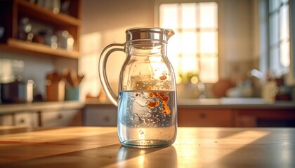 A photorealistic DSLR capture of a clear glass water jug, partially filled with liquid and intriguing particles, subtly conveying a critical lack or an emptiness within, bathed in soft light.
