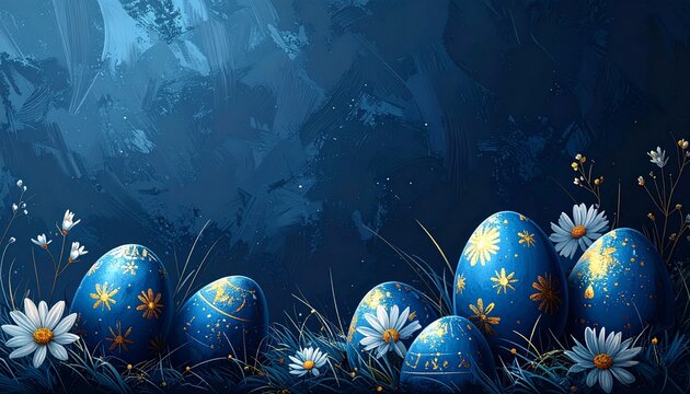 Vibrant blue Easter eggs with golden accents in lush floral grass