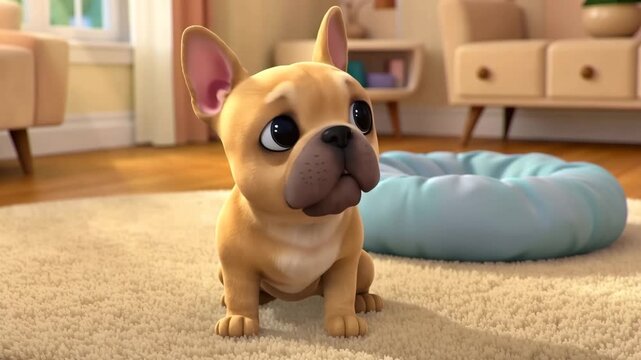 Cute French Bulldog Puppy Sitting on Carpet Looking Around Animated 3D