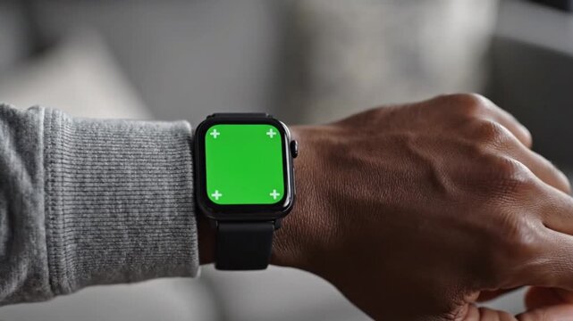 Hand interacting with a smart wearable gadget, green screen ready for custom digital content
