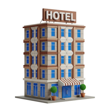 A highly detailed, photorealistic 3d scale model of a four-story hotel featuring a beige facade and blue tinted windows, isolated on a transparent background, conveying luxury hospitality services
