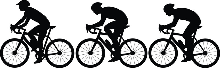 Fototapeta premium Black silhouettes of professional cyclists riding road bikes in aerodynamic racing positions isolated on white background for sports fitness and healthy lifestyle concepts