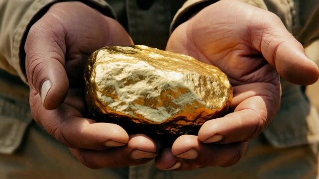 Close-up view of human hands holding a large, irregularly shaped gold nugget with a natural texture and shine, set against a blurred background