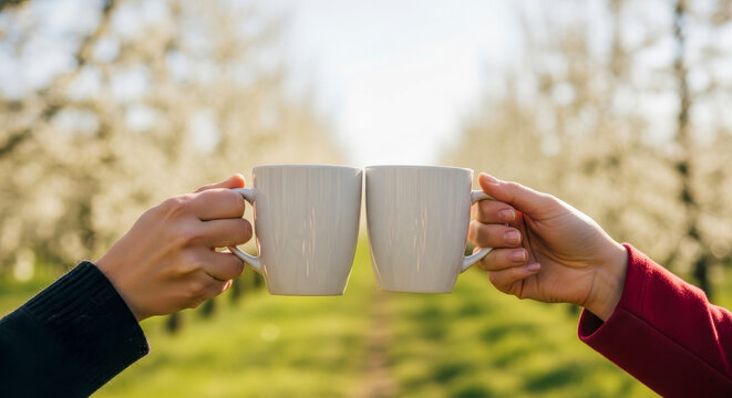 Two hands clinking white mugs in blooming spring orchard outdoor coffee toast friendship