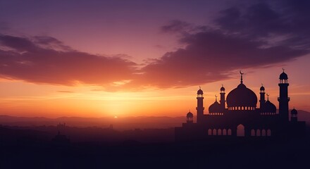 Obraz premium Majestic mosque silhouette at sunset with vibrant sky and dramatic clouds viewed from a distance