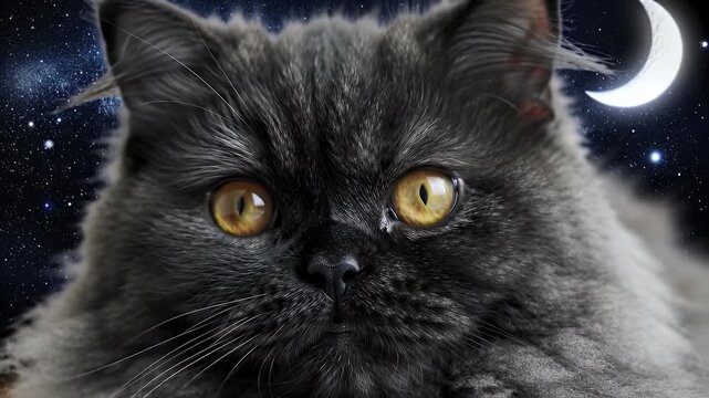 A close-up portrait of a fluffy black cat in space with a crescent moon and starlit backdrop