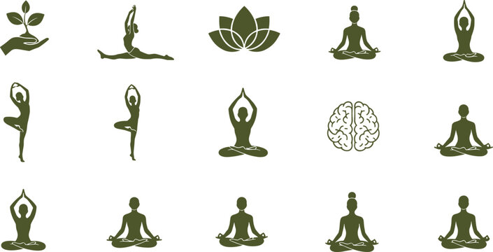 Yoga and meditation silhouette icon set with lotus poses mindfulness and wellness symbols vector