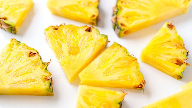 Delicious pineapple slices golden yellow on white plate fresh tropical fruit wedge cuts ready for eating