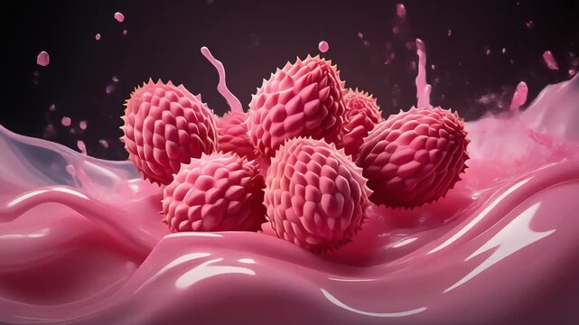 Litchi Delight: A cluster of fresh litchi fruit bathed in a vibrant pink splash. the image captures the sweetness and refreshment of the fruit.