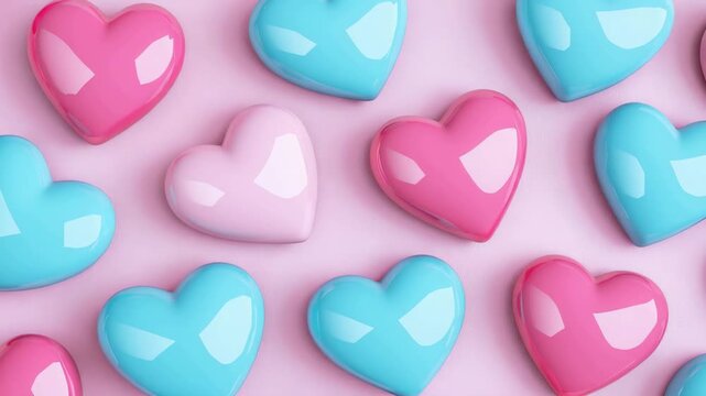 Colorful heart-shaped candies arranged on pink background  