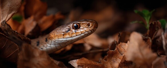 Obraz premium A viper crawling through crispy leaves and sticks out in the wild nature