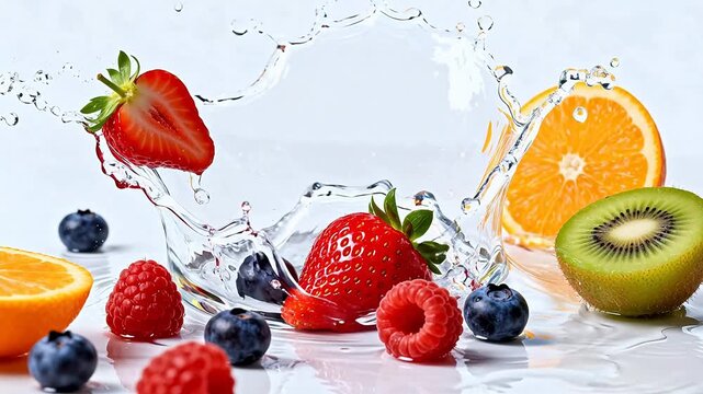 Fruits and water splash in glass