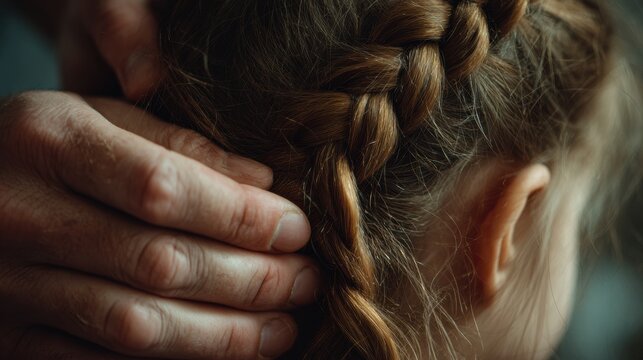 Dad comforts peacefully. Gentle father peacefully performs soothing bedtime routine. Peaceful father lovingly prepares calming bedtime rituals through gentle braiding and soothing gestures