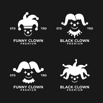 Minimalist White Clown and Jester Hat Logo Design Collection on Black Background