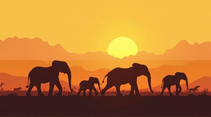 Silhouettes of Elephants Walking in Sunset with Mountain Range in Warm Orange and Yellow Tones