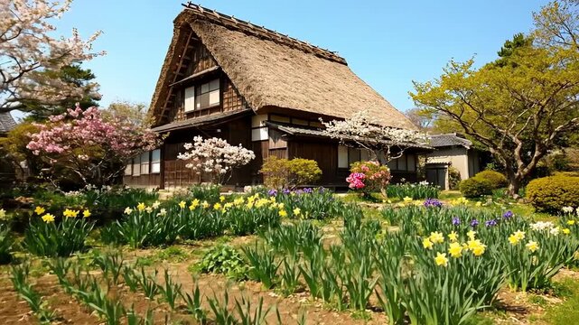 A traditional Japanese gassho-zukuri style house surrounded by spring flowers, featuring a warm wooden cottage in a peaceful and natural rural setting.