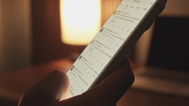 Hand holding smartphone and scrolling social media feed in dark room with desk on background, illuminated by warm tone light. Digital addiction and mindless content consuming.