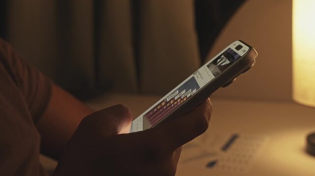 Hand holding smartphone and scrolling social media feed in dark room with desk on background, illuminated by warm tone light. Digital addiction and mindless content consuming.