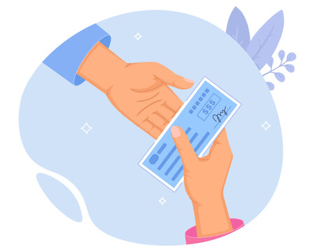 Hand giving bank check to another person, financial transaction, cheque payment, money transfer illustration, flat vector, isolated artwork, realistic hand drawn style