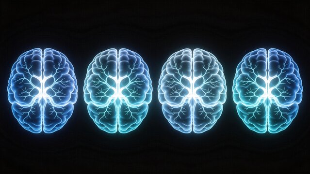 Multiple glowing human brains in symmetrical arrangement,neuroscience research and cognitive intelligence concept with neural network illustration on dark background