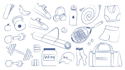 Sport equipments set. Workout accessory, yoga mat, sportswear, tennis racket and bag. Crayon vector illustration.ation
