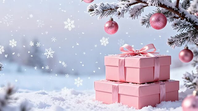 Snowy Christmas gifts and tree ornaments
