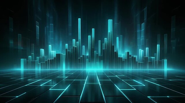 Digital volume bars pulsing neon cyan glow seamless futuristic surreal ambience cascading softly abstract unique style ultra realistic loop