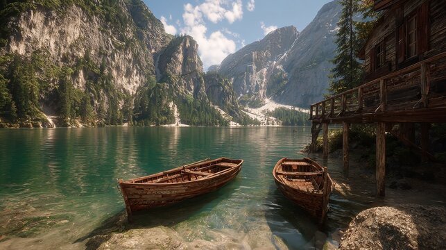 Boats on the Braies Lake (Pragser Wildsee) in Dolomites