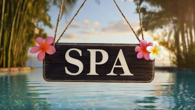 spa hanging sign on tropical pool background animation