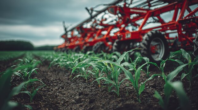 Closeup young corn seedlings by planter, damp soil and shallow furrows, red notill implement blurred in background, early morning light, implied field technician calibrating equipment for precision
