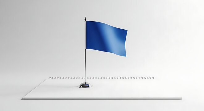 A single blue flag waving on a metal pole against a plain white background.