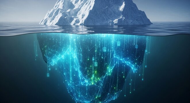 An iceberg revealing a glowing, intricate digital network of data and connections beneath the ocean surface, symbolizing hidden information or complex systems.