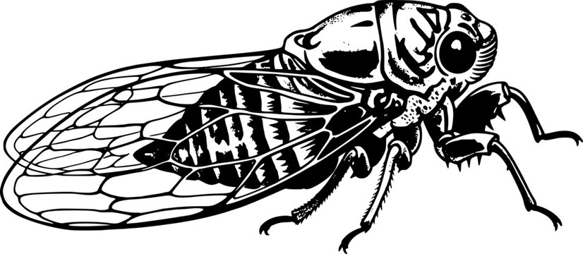 Stylized depiction of a Cicada in Sumi-e style, insect illustrat
