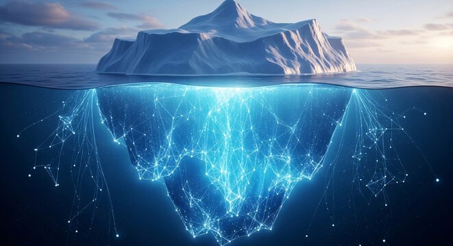 An iceberg floating in the ocean with a glowing, intricate network structure visible beneath the water's surface, representing hidden data or complex systems.