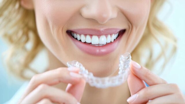 Woman holding transparent night dental splint for jaw tension relief and bruxism protection, tooth abrasion control, modern oral care, healthy bite support, preventive dentistry, oral hygiene routine