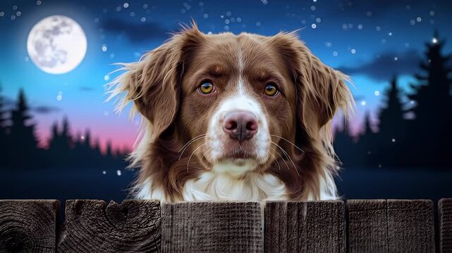 A curious brown and white border collie mix peeks over a rustic wooden fence beneath a full moonlit night sky and starry backdrop